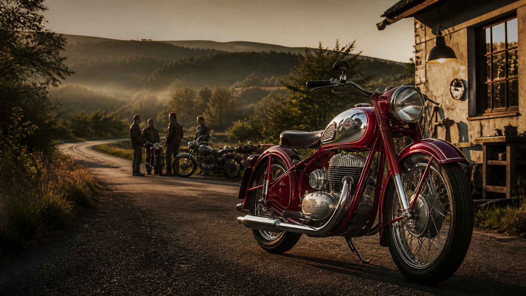 Klassisches rotes Motorrad auf einer Landstraße im Abendlicht